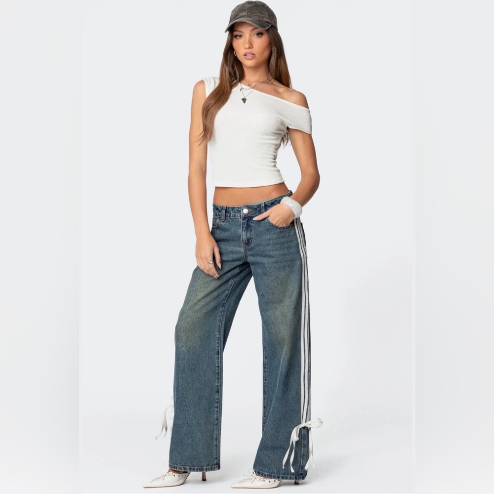 Edikted Blue Flare Jeans with White Stripes